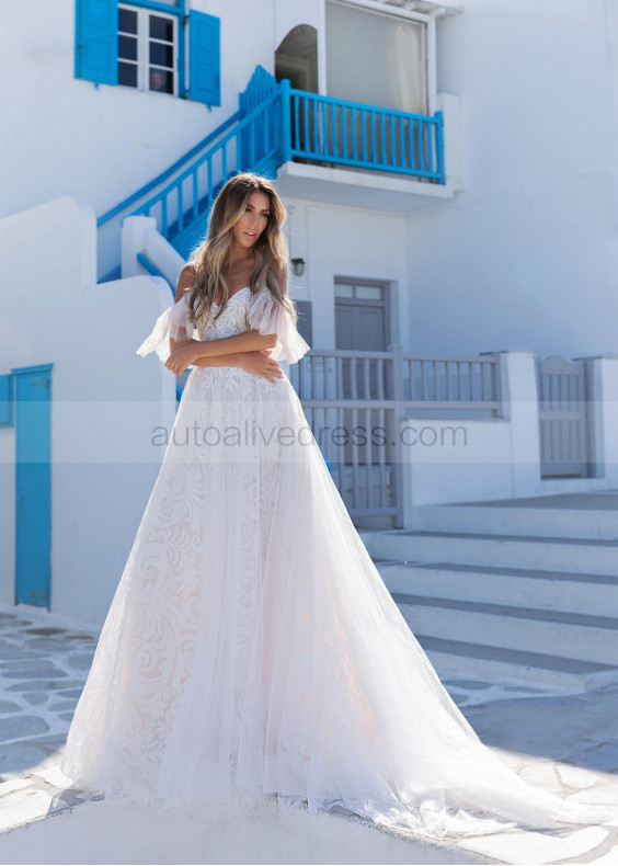 Cold Shoulder Ivory Lace Tulle Boho Wedding Dress